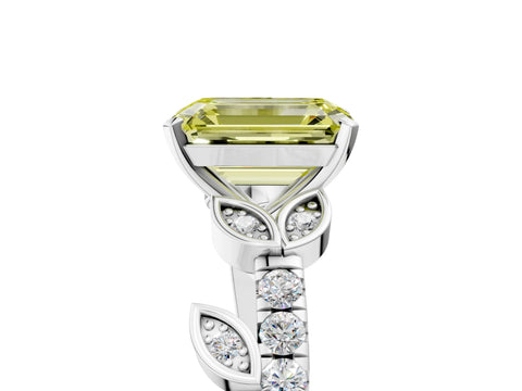 White gold Fancy Yellow Emerald Cut Solitaire Leaf-Inspired Diamond Ring with Pavé Band and Four-Prong Setting_17