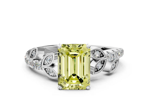 White gold Fancy Yellow Emerald Cut Solitaire Leaf-Inspired Diamond Ring with Pavé Band and Four-Prong Setting_24