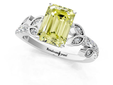 White gold Fancy Yellow Emerald Cut Solitaire Leaf-Inspired Diamond Ring with Pavé Band and Four-Prong Setting_25
