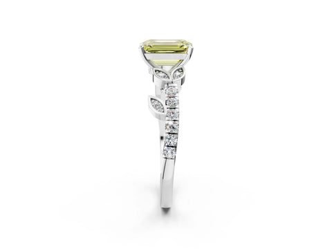 White gold Fancy Yellow Emerald Cut Solitaire Leaf-Inspired Diamond Ring with Pavé Band and Four-Prong Setting_26