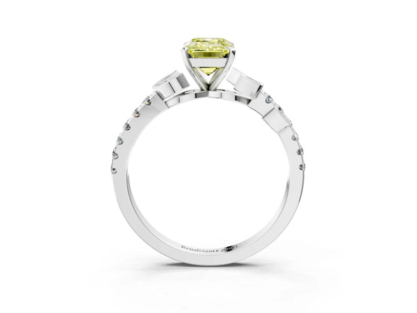 White gold Fancy Yellow Emerald Cut Solitaire Leaf-Inspired Diamond Ring with Pavé Band and Four-Prong Setting