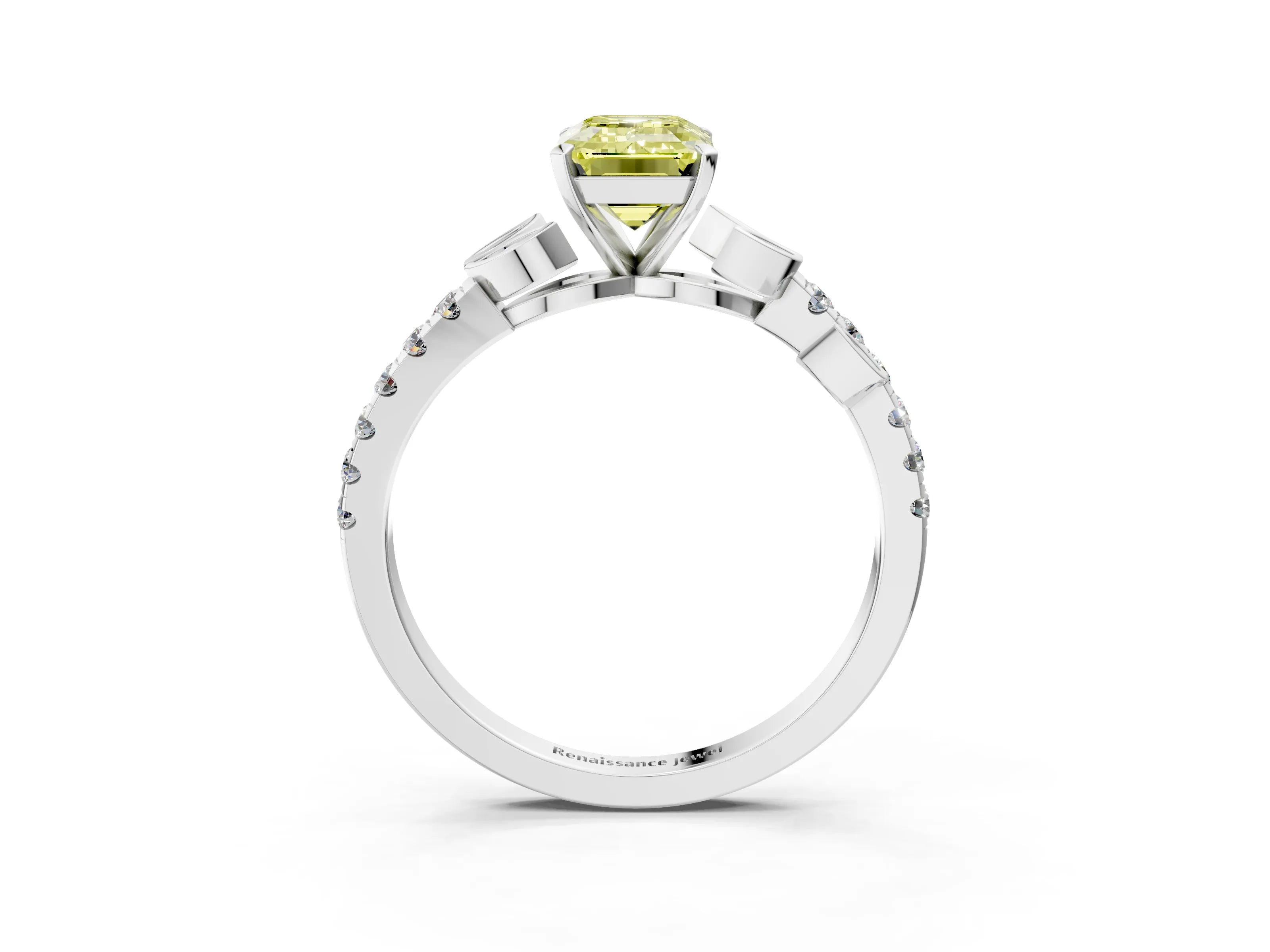 White gold Fancy Yellow Emerald Cut Solitaire Leaf-Inspired Diamond Ring with Pavé Band and Four-Prong Setting_27