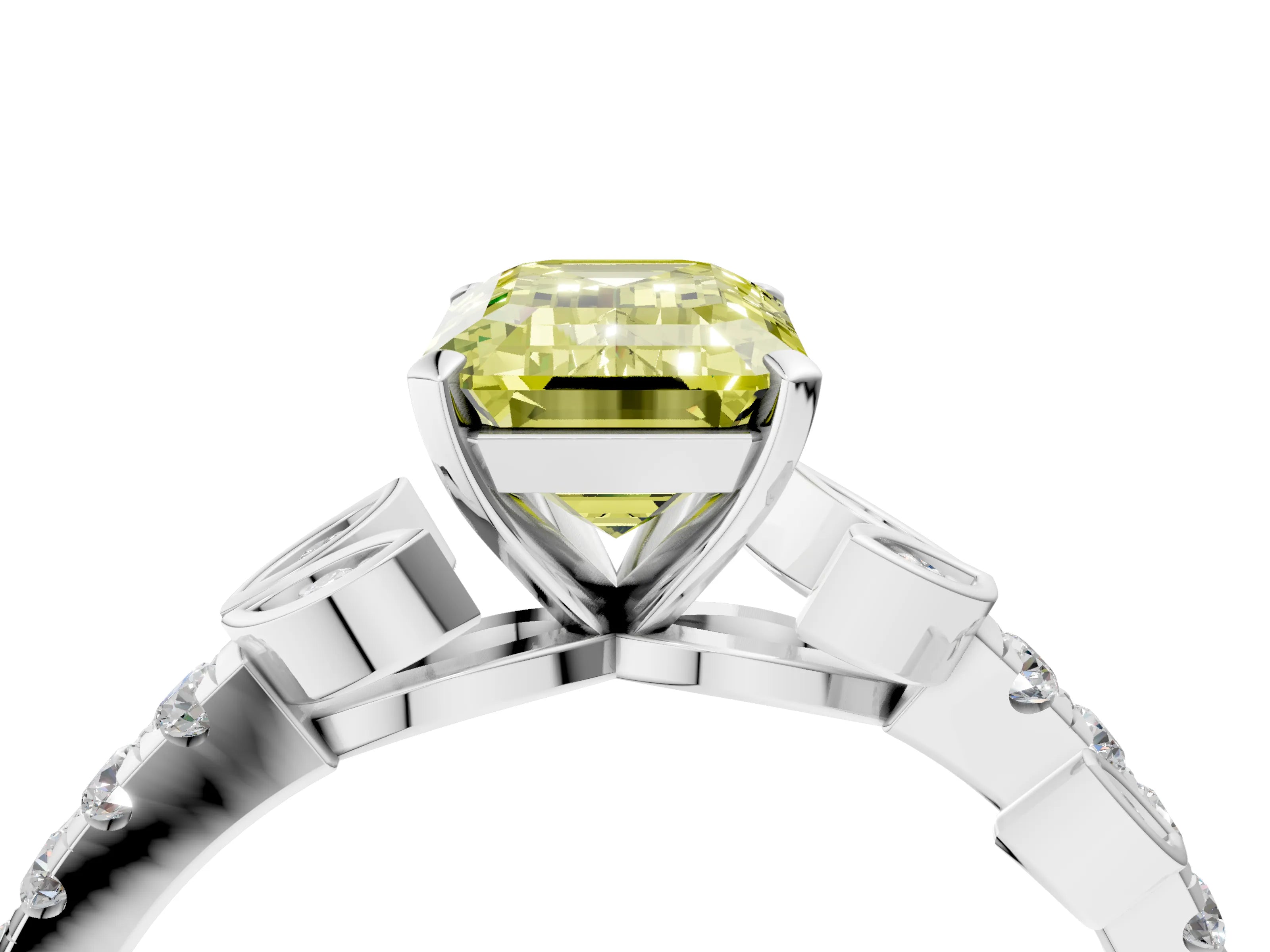 White gold Fancy Yellow Emerald Cut Solitaire Leaf-Inspired Diamond Ring with Pavé Band and Four-Prong Setting_28