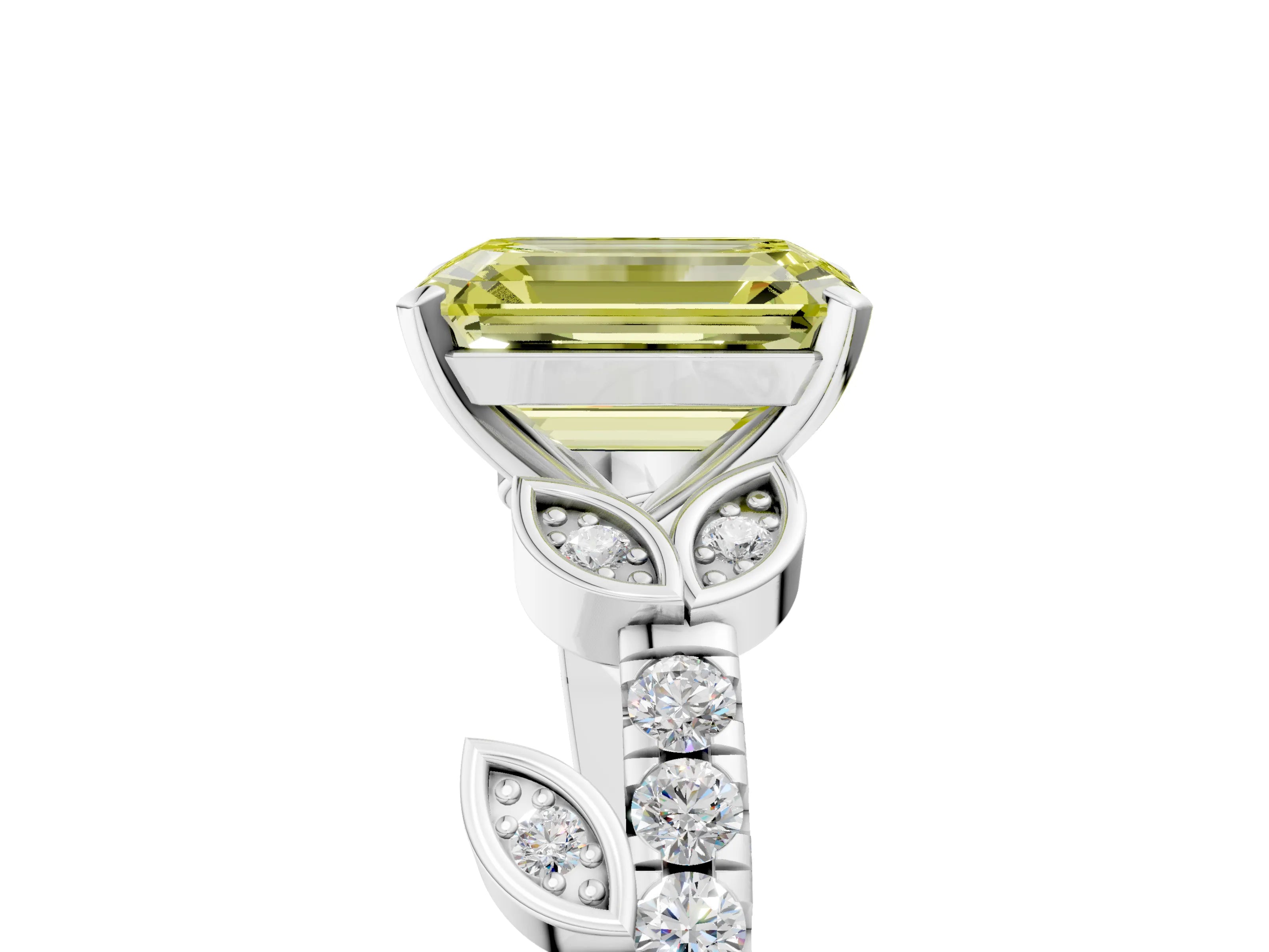 White gold Fancy Yellow Emerald Cut Solitaire Leaf-Inspired Diamond Ring with Pavé Band and Four-Prong Setting_29