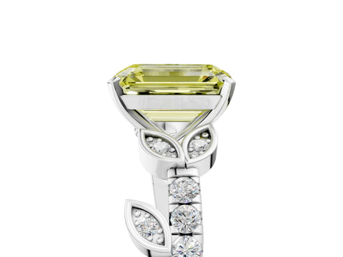 White gold Fancy Yellow Emerald Cut Solitaire Leaf-Inspired Diamond Ring with Pavé Band and Four-Prong Setting_29