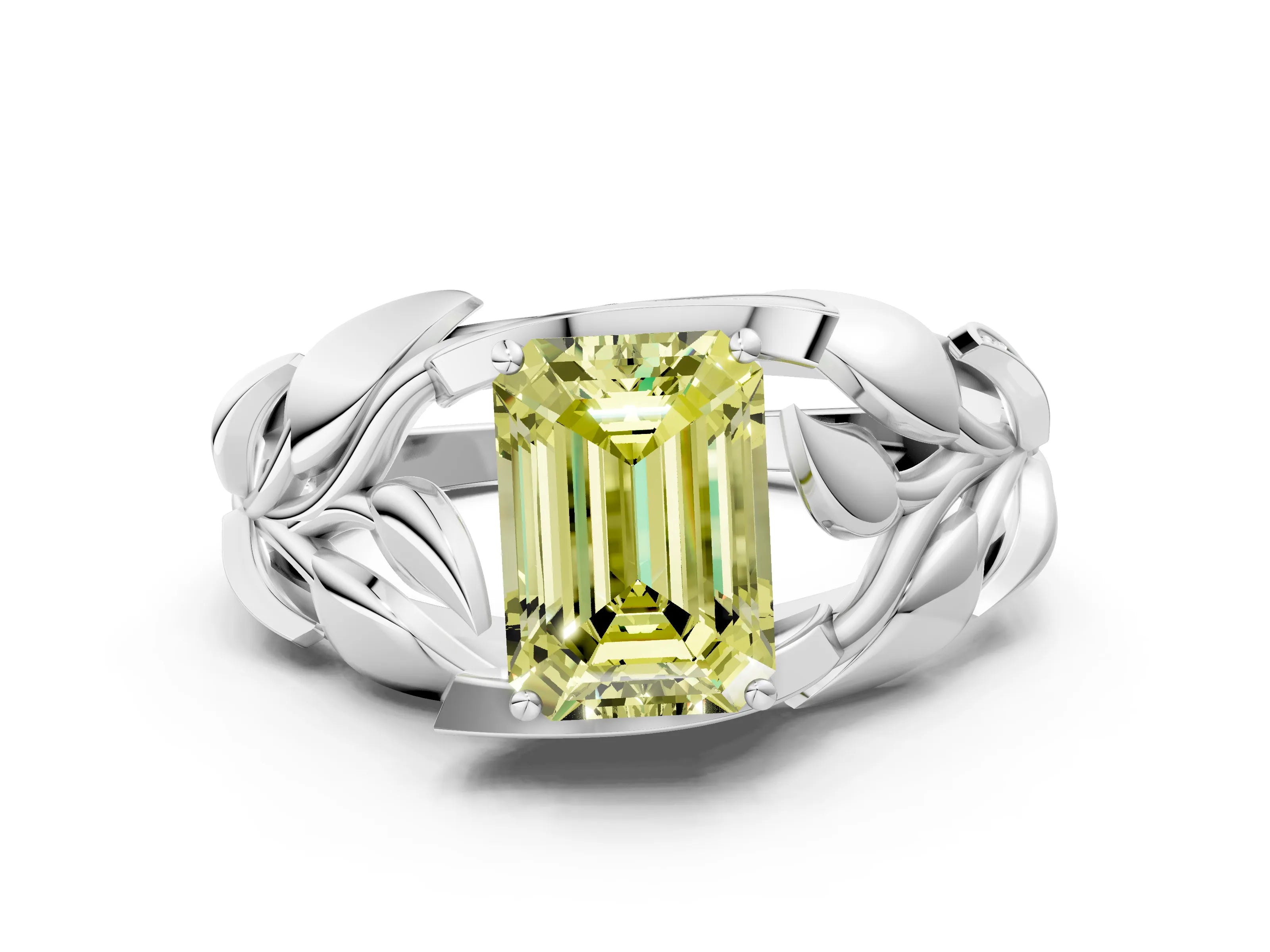 White gold Fancy Yellow Emerald Cut Solitaire Leaf-Inspired Engagement Ring with Prong Setting