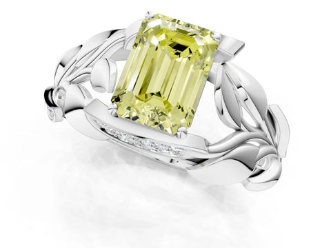 White gold Fancy Yellow Emerald Cut Solitaire Leaf-Inspired Engagement Ring with Prong Setting_1