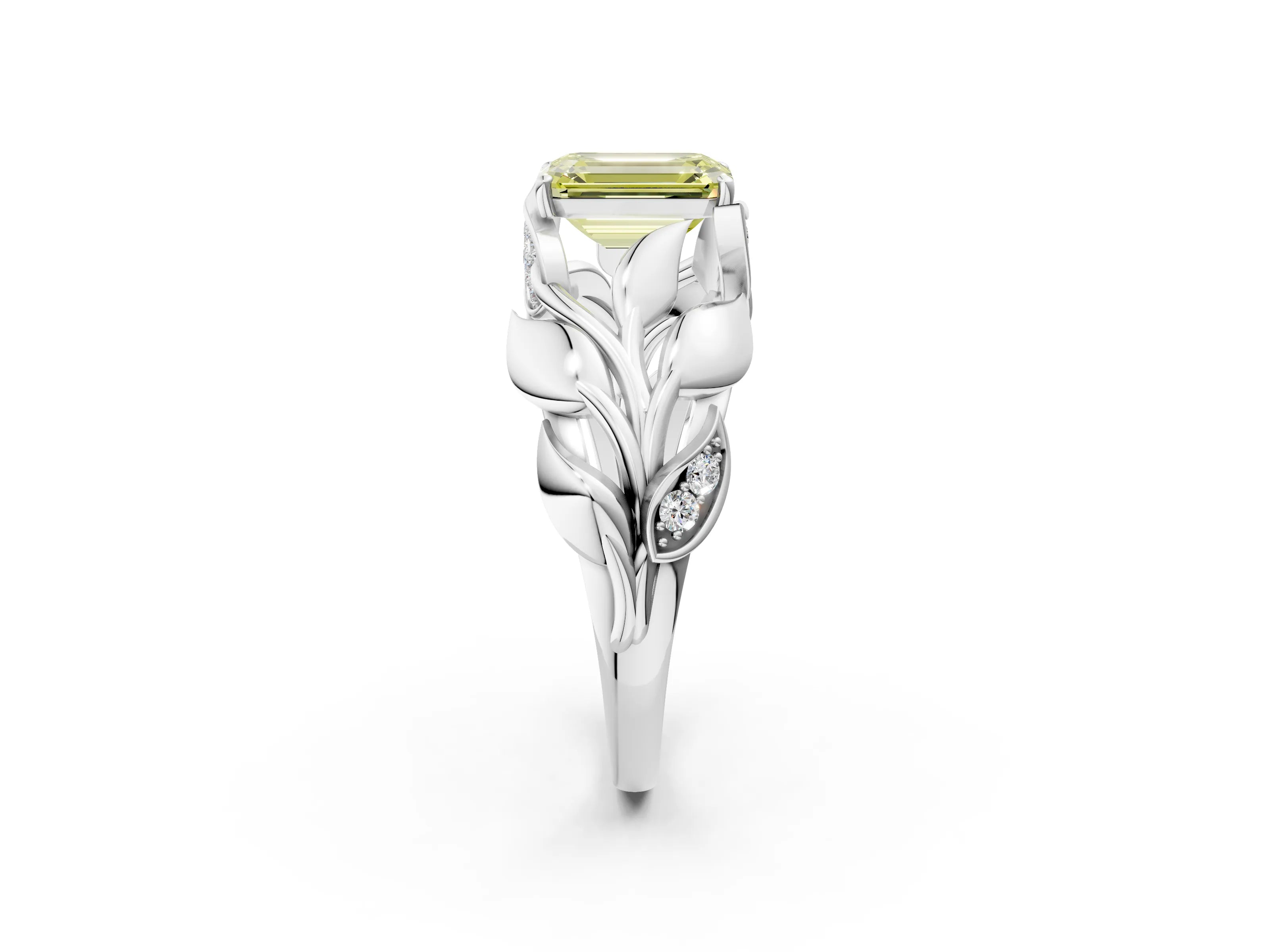 White gold Fancy Yellow Emerald Cut Solitaire Leaf-Inspired Engagement Ring with Prong Setting_2