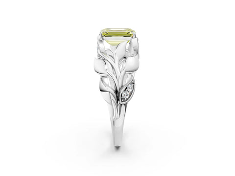 White gold Fancy Yellow Emerald Cut Solitaire Leaf-Inspired Engagement Ring with Prong Setting_2