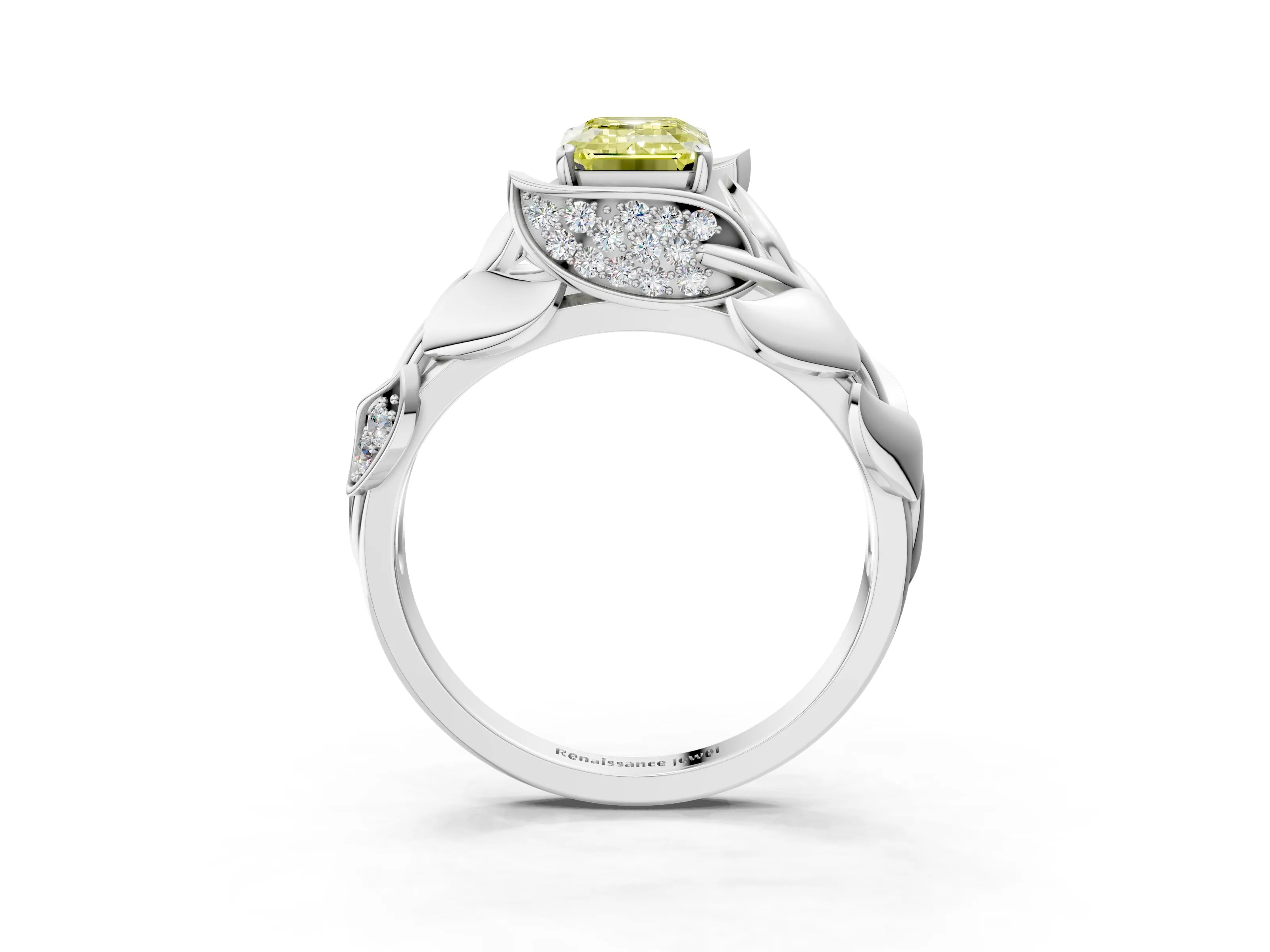 White gold Fancy Yellow Emerald Cut Solitaire Leaf-Inspired Engagement Ring with Prong Setting_3