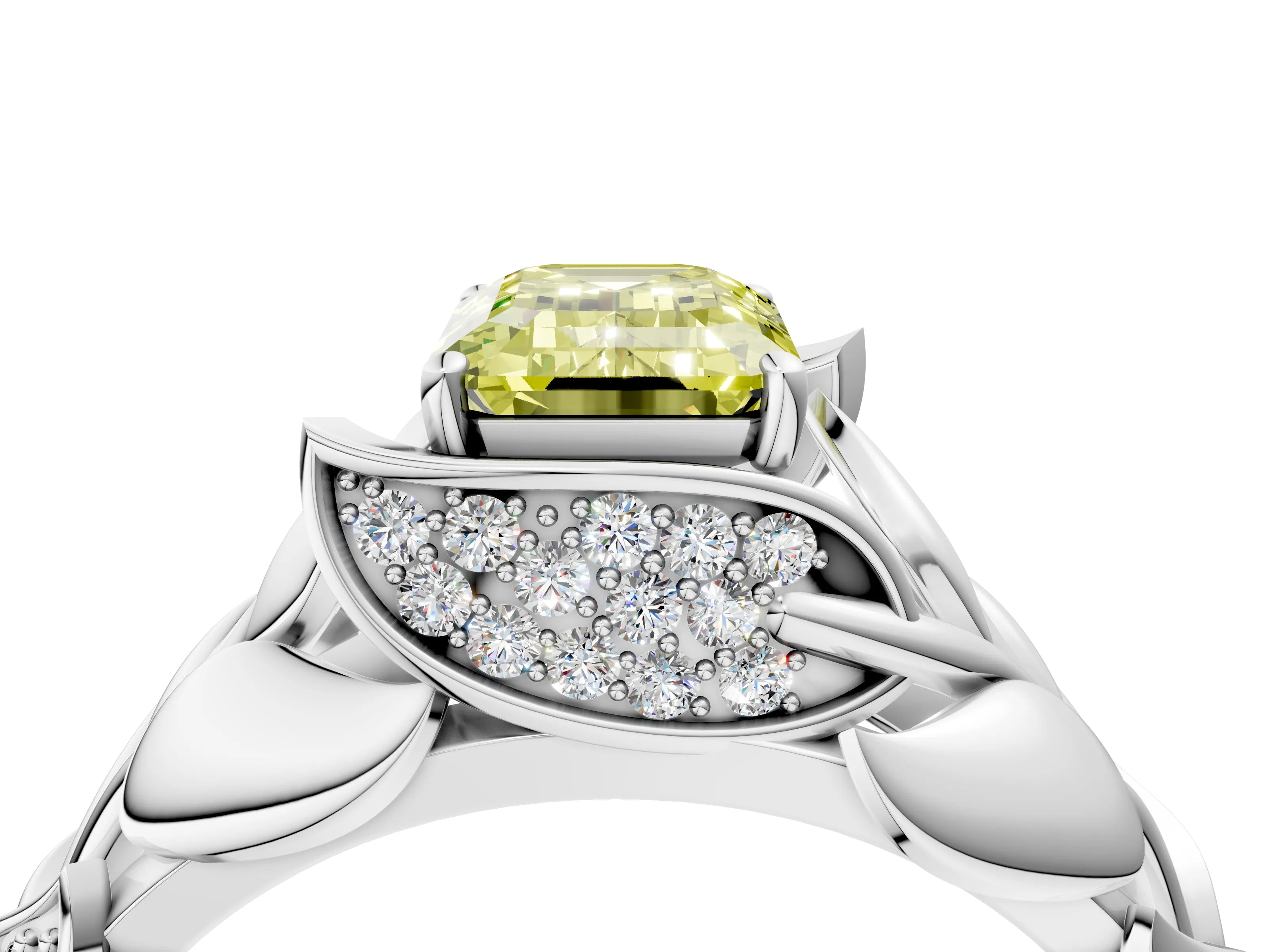 White gold Fancy Yellow Emerald Cut Solitaire Leaf-Inspired Engagement Ring with Prong Setting_4