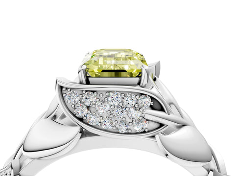 White gold Fancy Yellow Emerald Cut Solitaire Leaf-Inspired Engagement Ring with Prong Setting_4