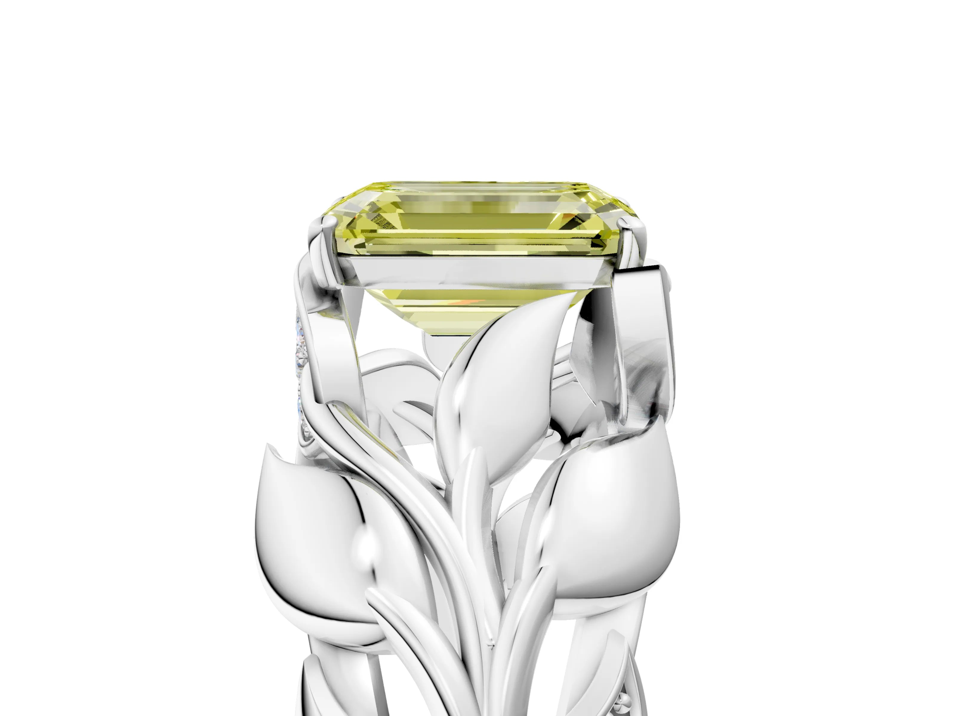 White gold Fancy Yellow Emerald Cut Solitaire Leaf-Inspired Engagement Ring with Prong Setting_5