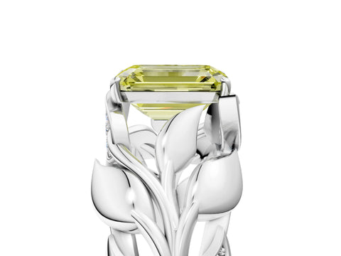 White gold Fancy Yellow Emerald Cut Solitaire Leaf-Inspired Engagement Ring with Prong Setting_5