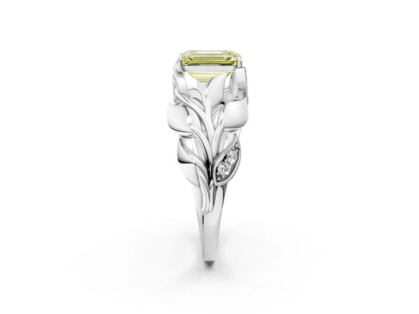 Sterling Silver Emerald Cut Pave Leaf Bypass Engagement Ring Setting for Fancy Yellow Center