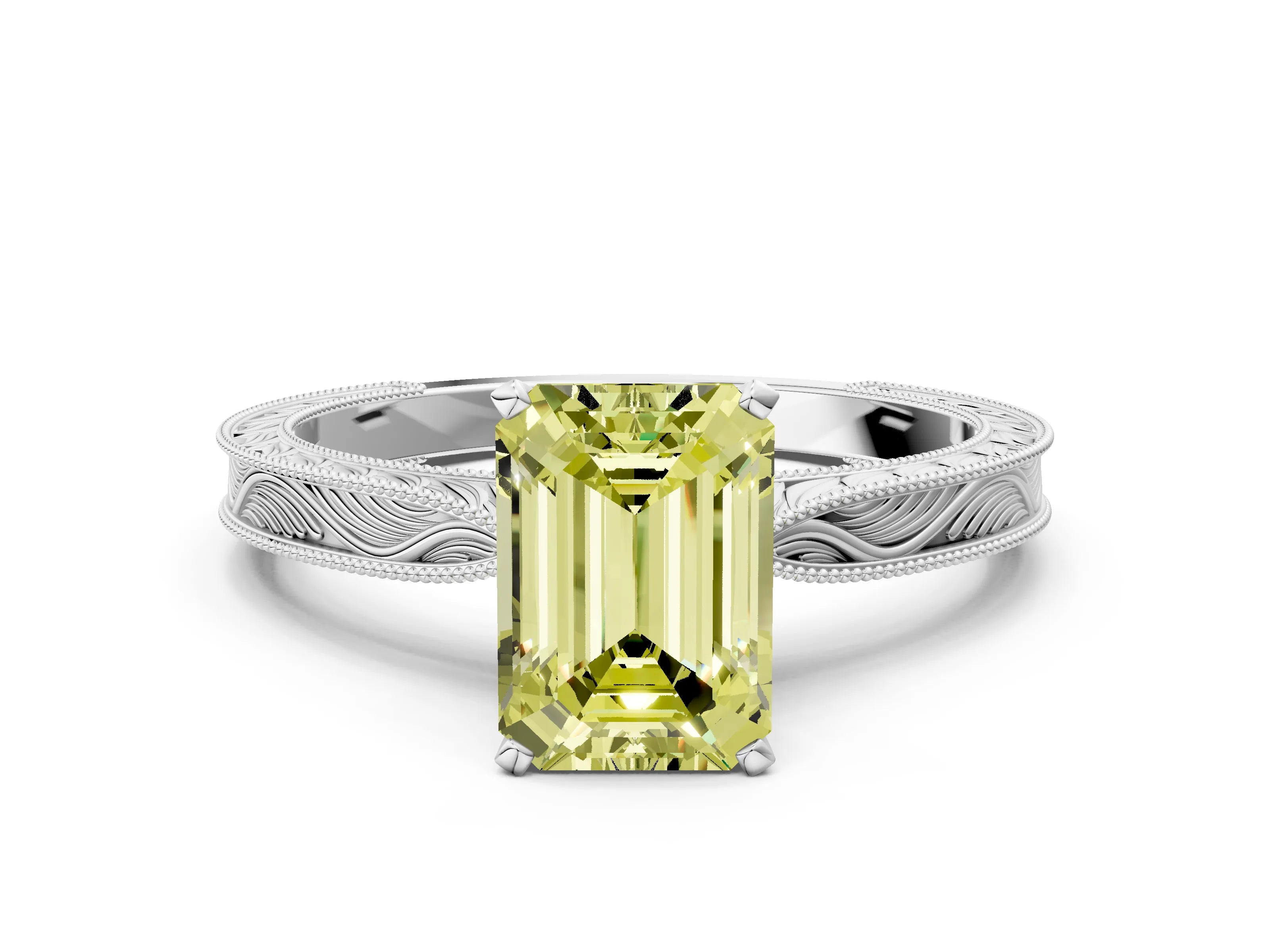 White gold Fancy Yellow Emerald Cut Solitaire Milgrain Engraved Band with Four-Prong Setting_12