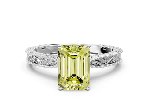 White gold Fancy Yellow Emerald Cut Solitaire Milgrain Engraved Band with Four-Prong Setting_12