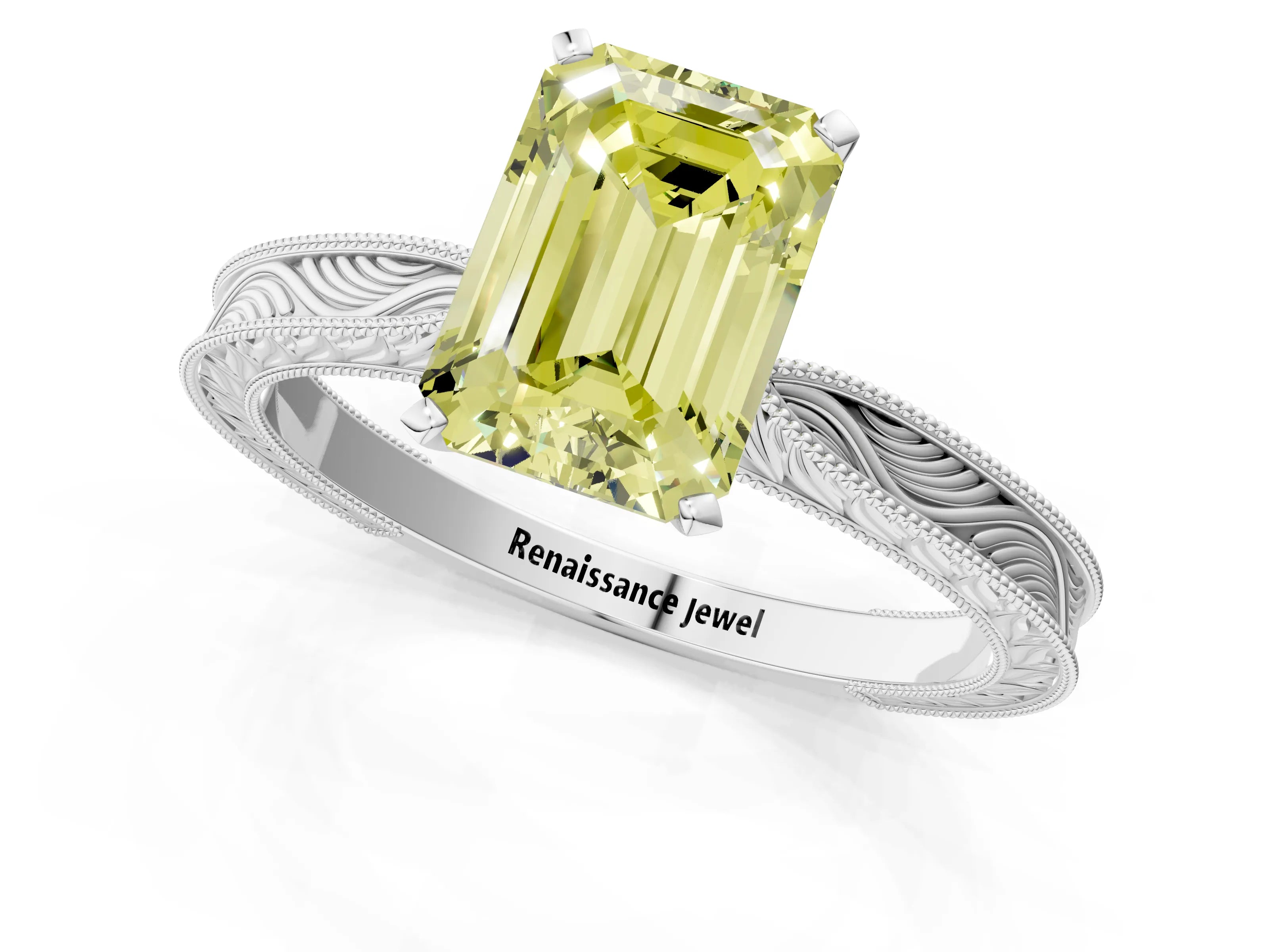 White gold Fancy Yellow Emerald Cut Solitaire Milgrain Engraved Band with Four-Prong Setting_13