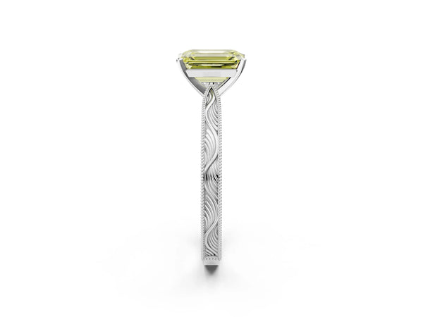 Platinum Fancy Yellow Emerald Cut Solitaire Milgrain Engraved Band with Four-Prong Setting