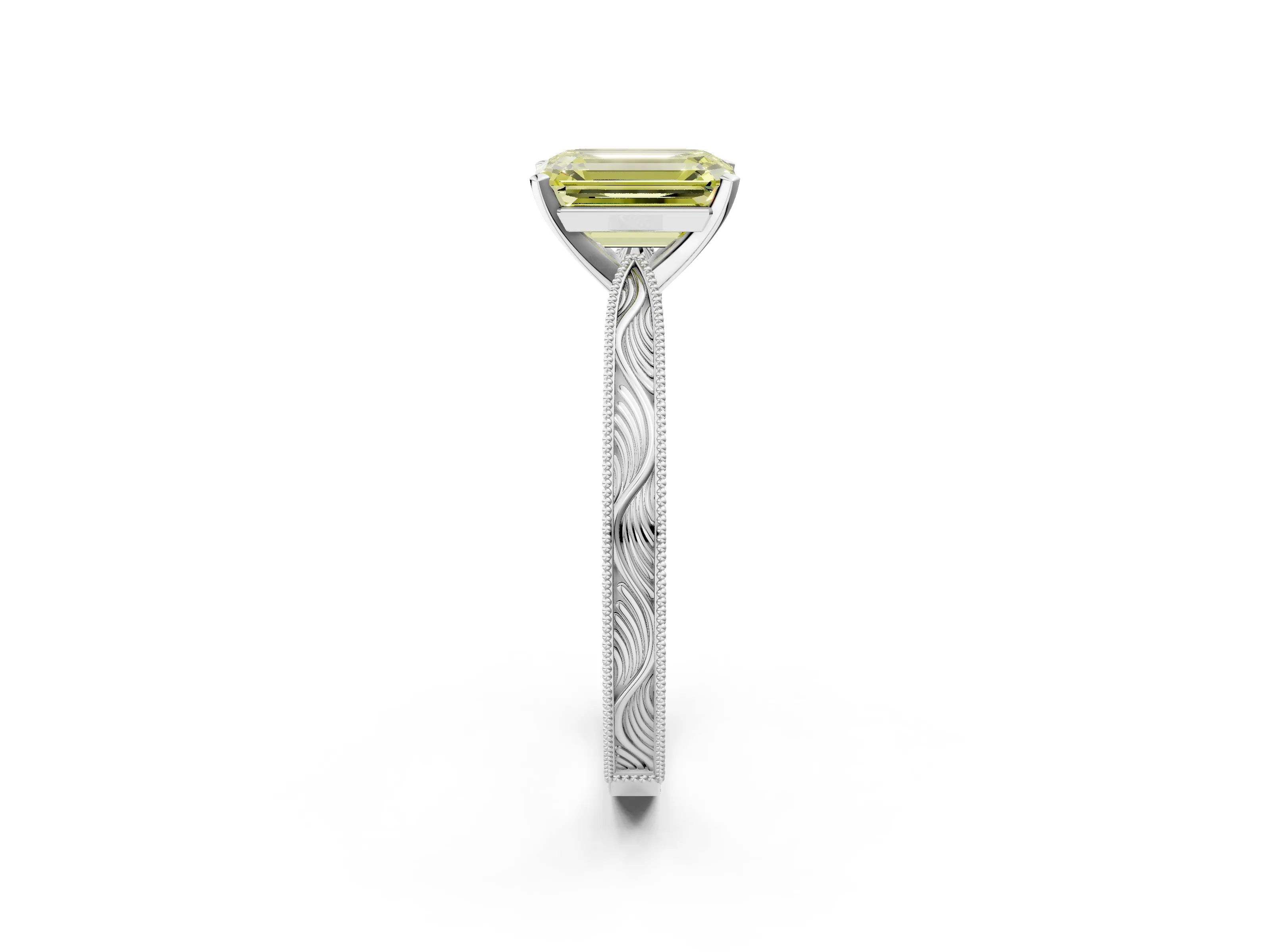 White gold Fancy Yellow Emerald Cut Solitaire Milgrain Engraved Band with Four-Prong Setting_14