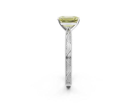 White gold Fancy Yellow Emerald Cut Solitaire Milgrain Engraved Band with Four-Prong Setting_14