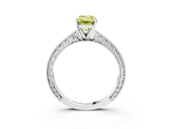 Platinum Fancy Yellow Emerald Cut Solitaire Milgrain Engraved Band with Four-Prong Setting