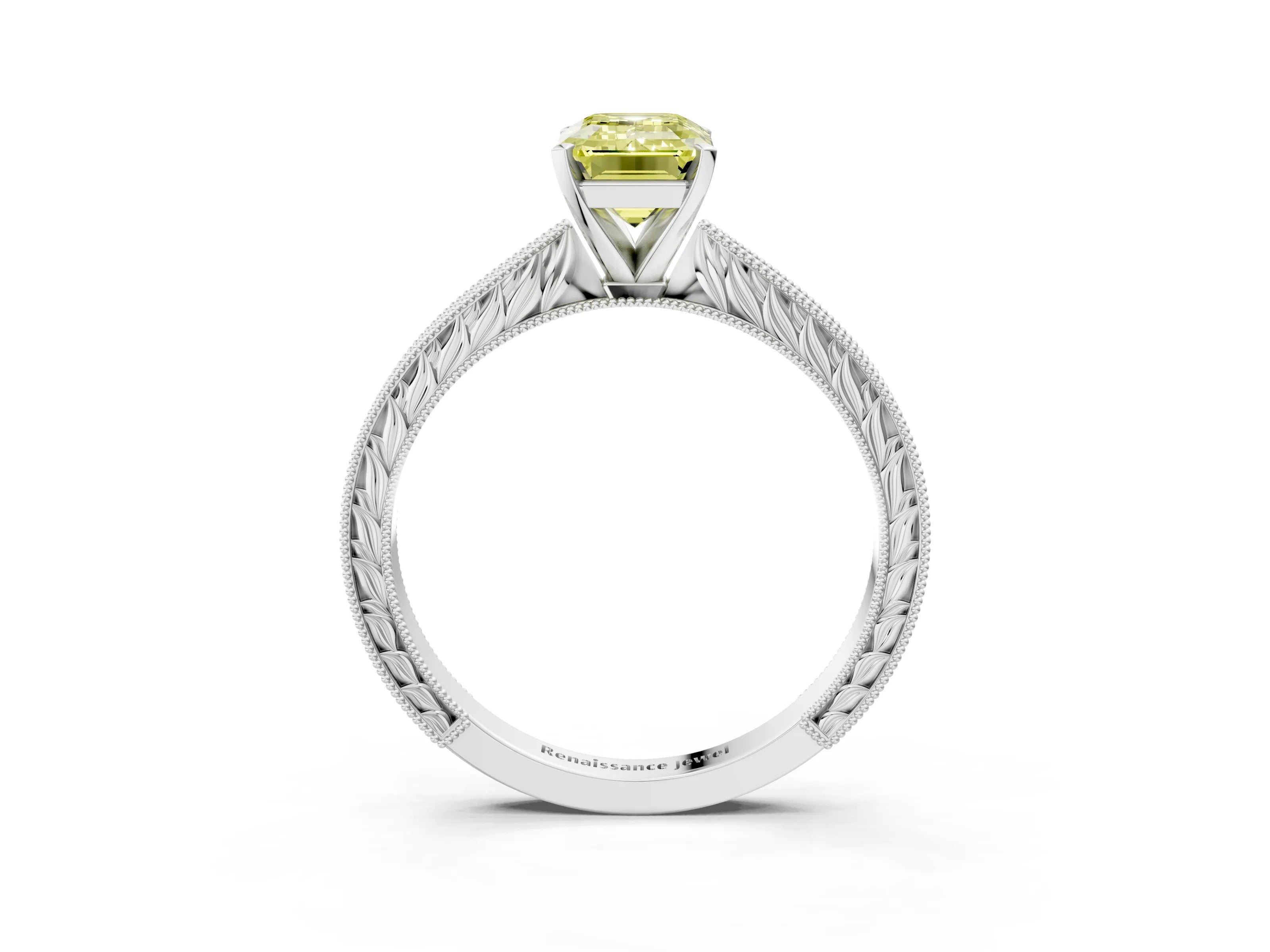 White gold Fancy Yellow Emerald Cut Solitaire Milgrain Engraved Band with Four-Prong Setting_15