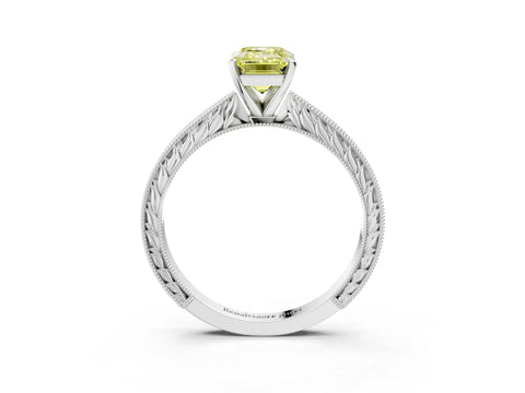 White gold Fancy Yellow Emerald Cut Solitaire Milgrain Engraved Band with Four-Prong Setting_15