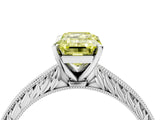 White gold Fancy Yellow Emerald Cut Solitaire Milgrain Engraved Band with Four-Prong Setting_16