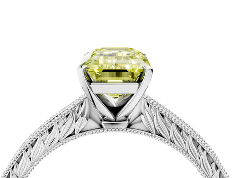 White gold Fancy Yellow Emerald Cut Solitaire Milgrain Engraved Band with Four-Prong Setting_16