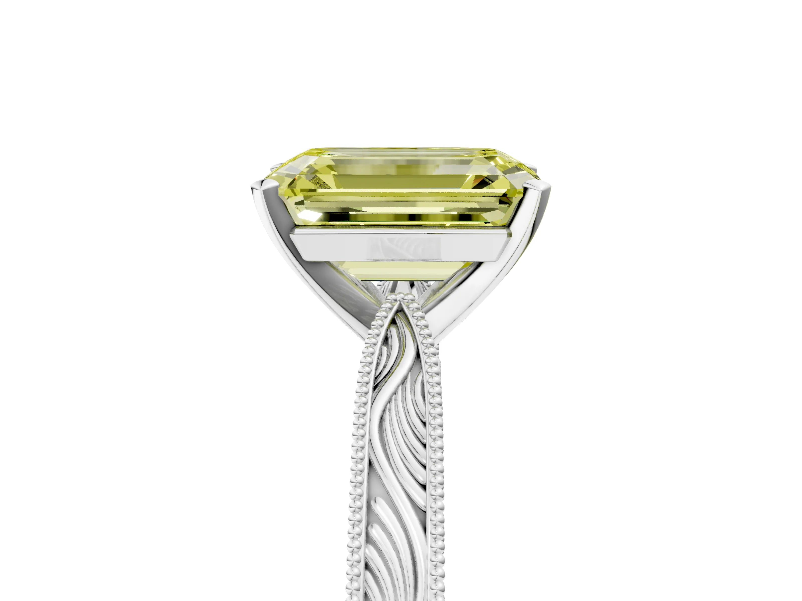 White gold Fancy Yellow Emerald Cut Solitaire Milgrain Engraved Band with Four-Prong Setting_17