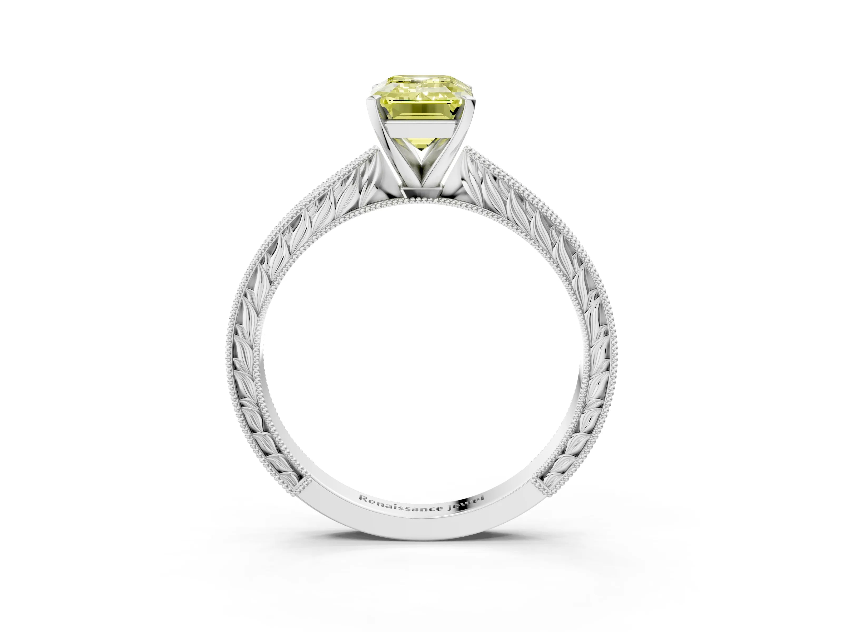 White gold Fancy Yellow Emerald Cut Solitaire Milgrain Engraved Band with Four-Prong Setting_3