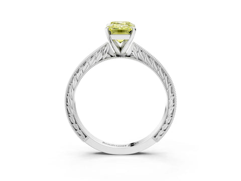 White gold Fancy Yellow Emerald Cut Solitaire Milgrain Engraved Band with Four-Prong Setting_3