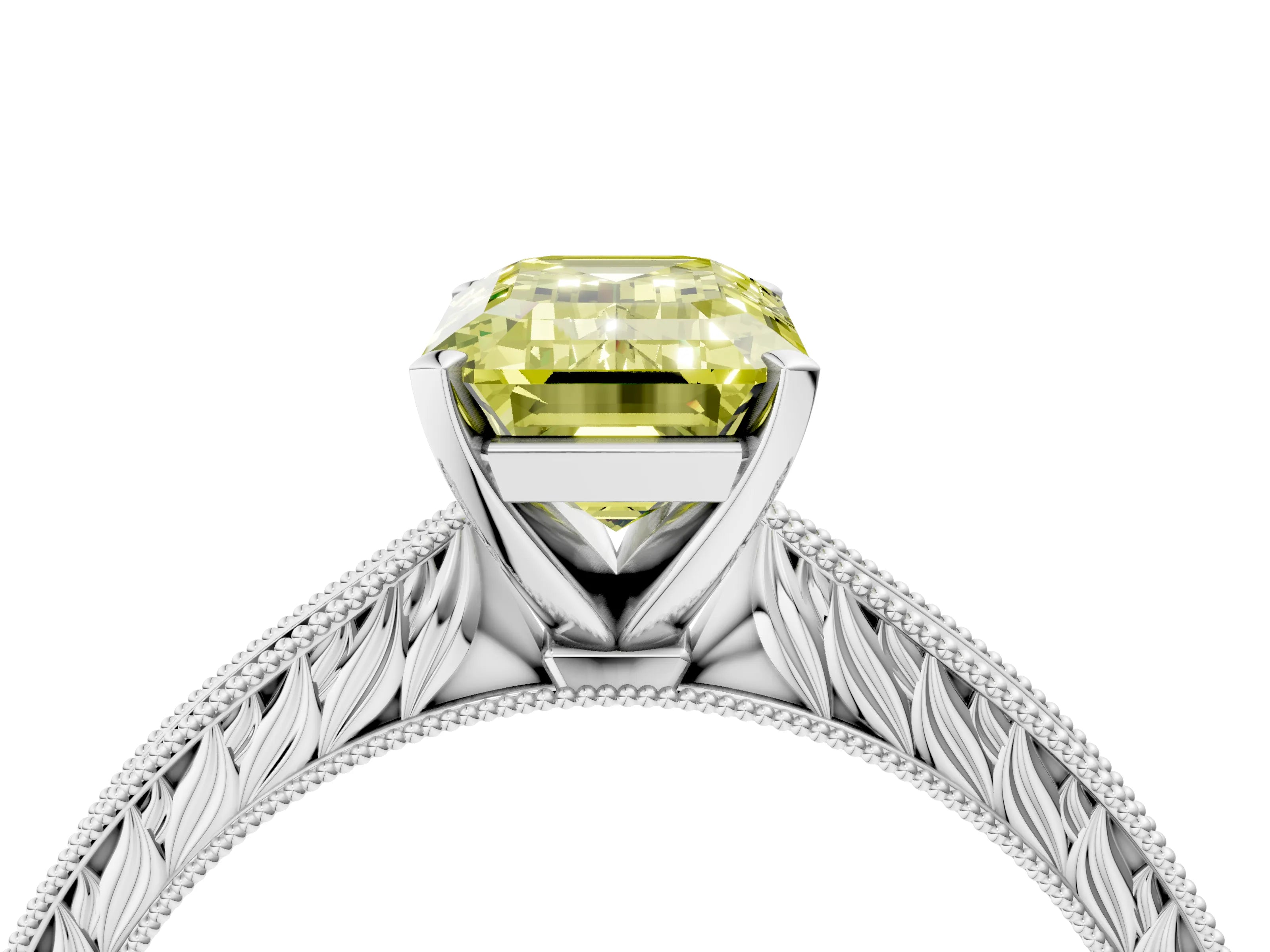 White gold Fancy Yellow Emerald Cut Solitaire Milgrain Engraved Band with Four-Prong Setting_4
