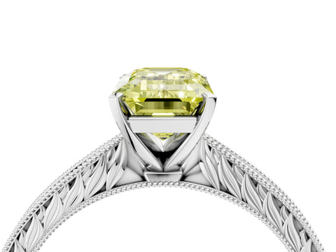 White gold Fancy Yellow Emerald Cut Solitaire Milgrain Engraved Band with Four-Prong Setting_4