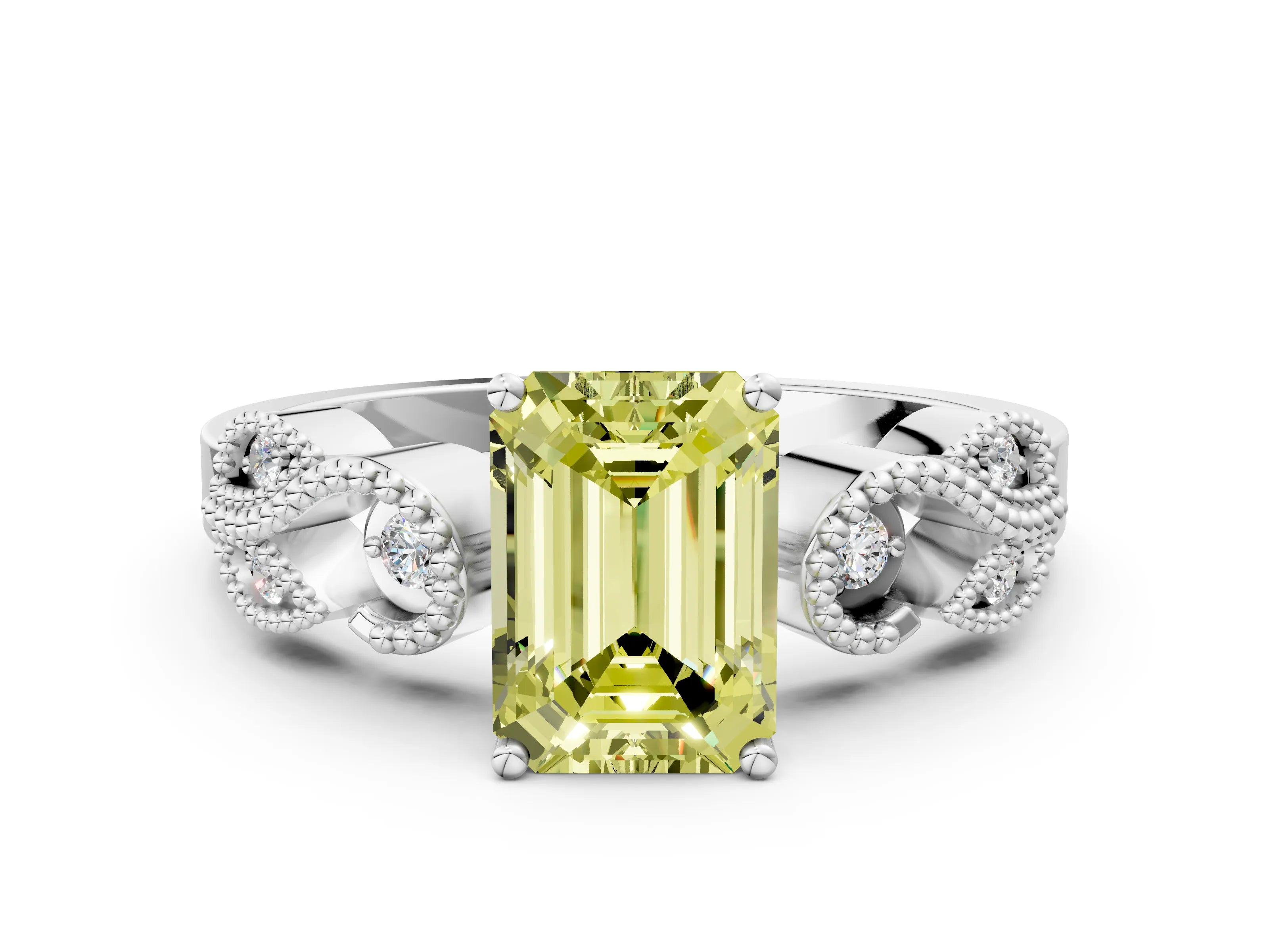 White gold Fancy Yellow Emerald Cut Solitaire Milgrain Leaf Band with Prong Setting_12