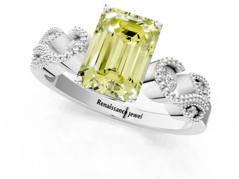 White gold Fancy Yellow Emerald Cut Solitaire Milgrain Leaf Band with Prong Setting_13