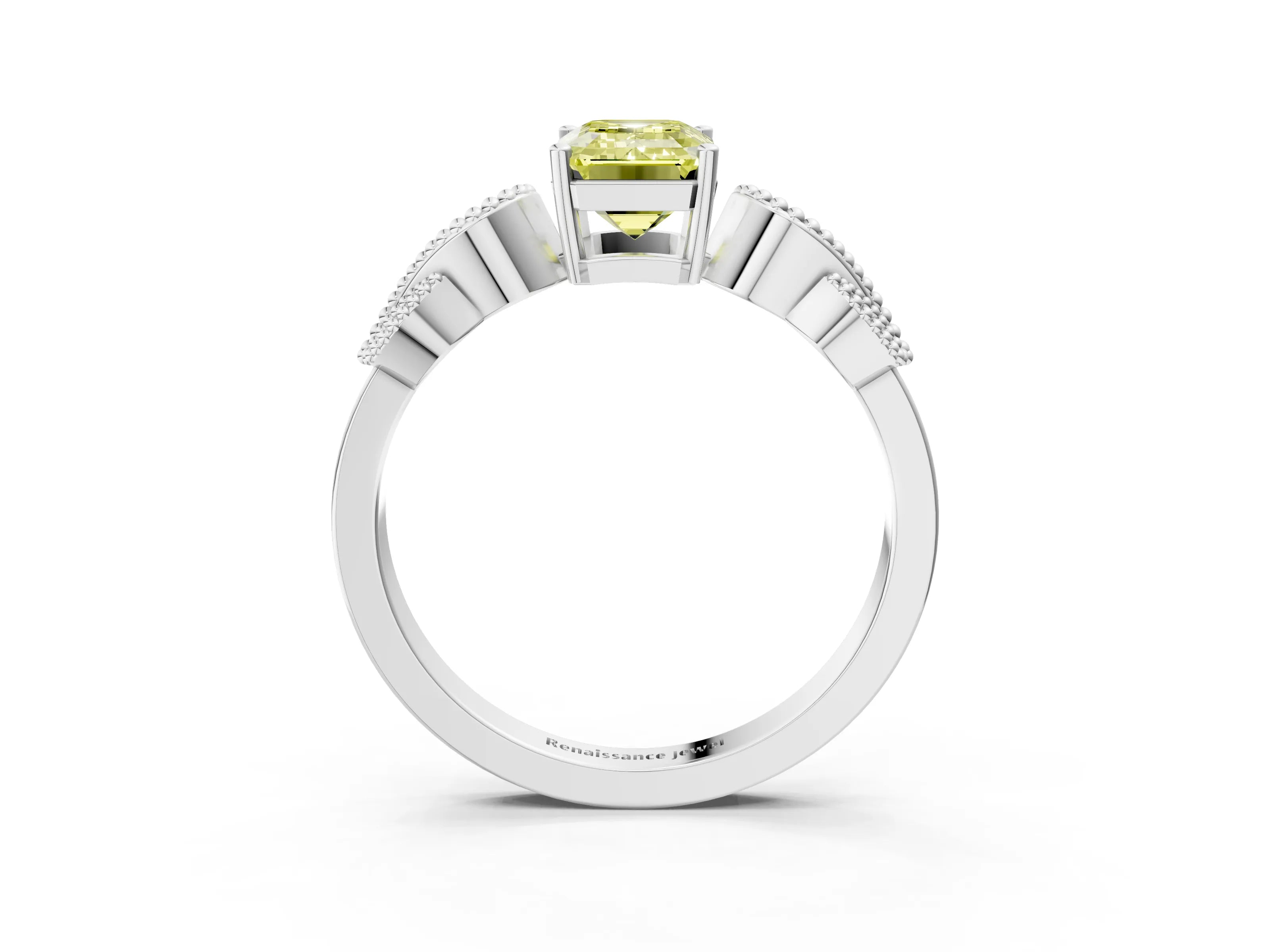 White gold Fancy Yellow Emerald Cut Solitaire Milgrain Leaf Band with Prong Setting_15