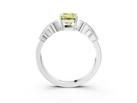 White gold Fancy Yellow Emerald Cut Solitaire Milgrain Leaf Band with Prong Setting_15