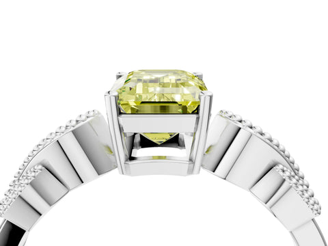 White gold Fancy Yellow Emerald Cut Solitaire Milgrain Leaf Band with Prong Setting_16