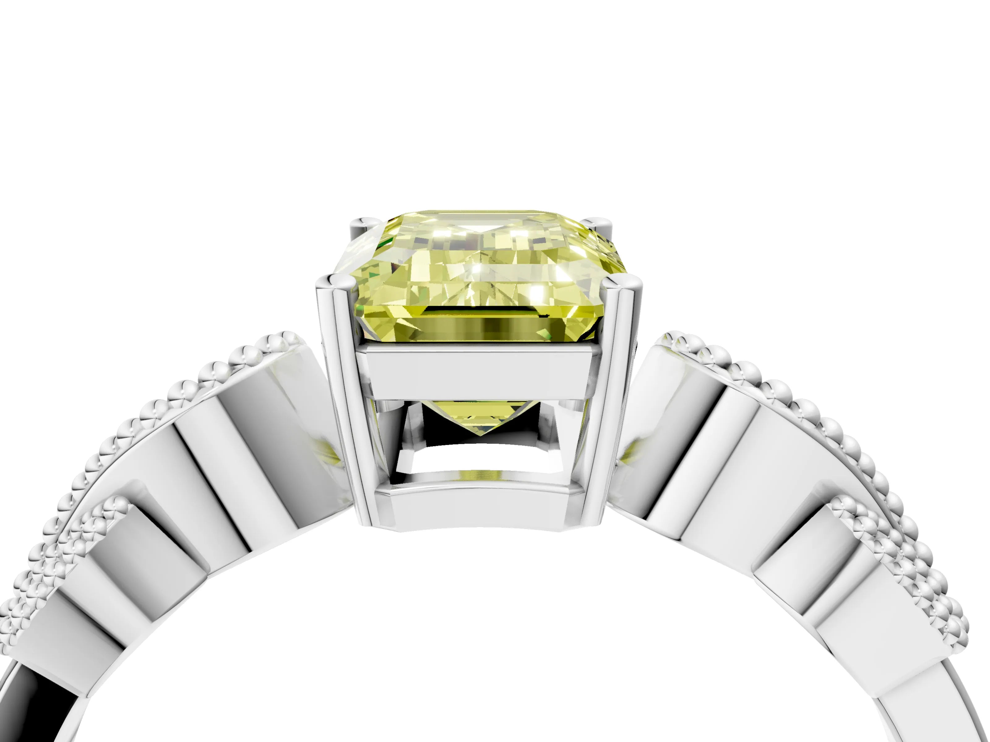 White gold Fancy Yellow Emerald Cut Solitaire Milgrain Leaf Band with Prong Setting_16