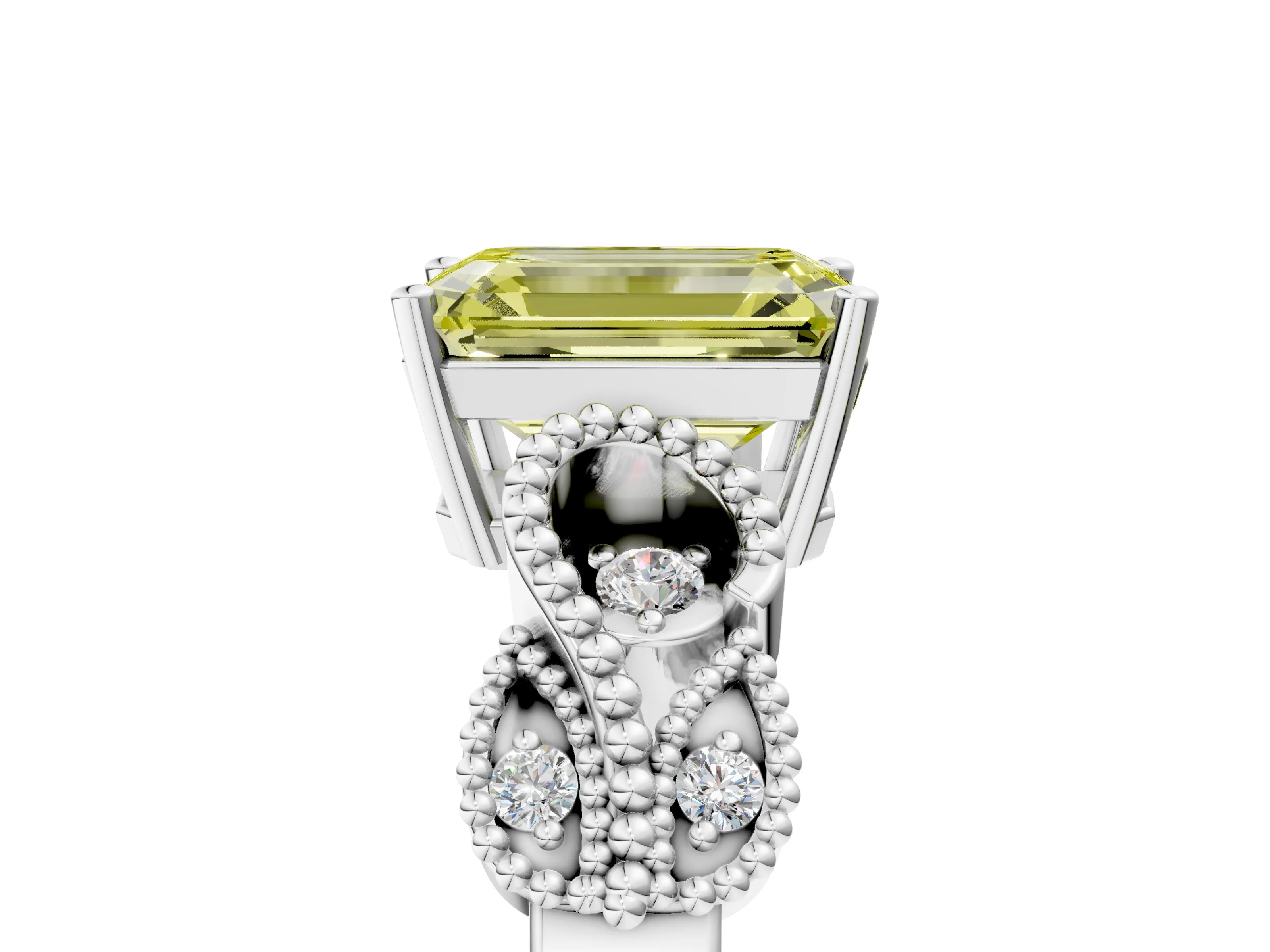 White gold Fancy Yellow Emerald Cut Solitaire Milgrain Leaf Band with Prong Setting_17