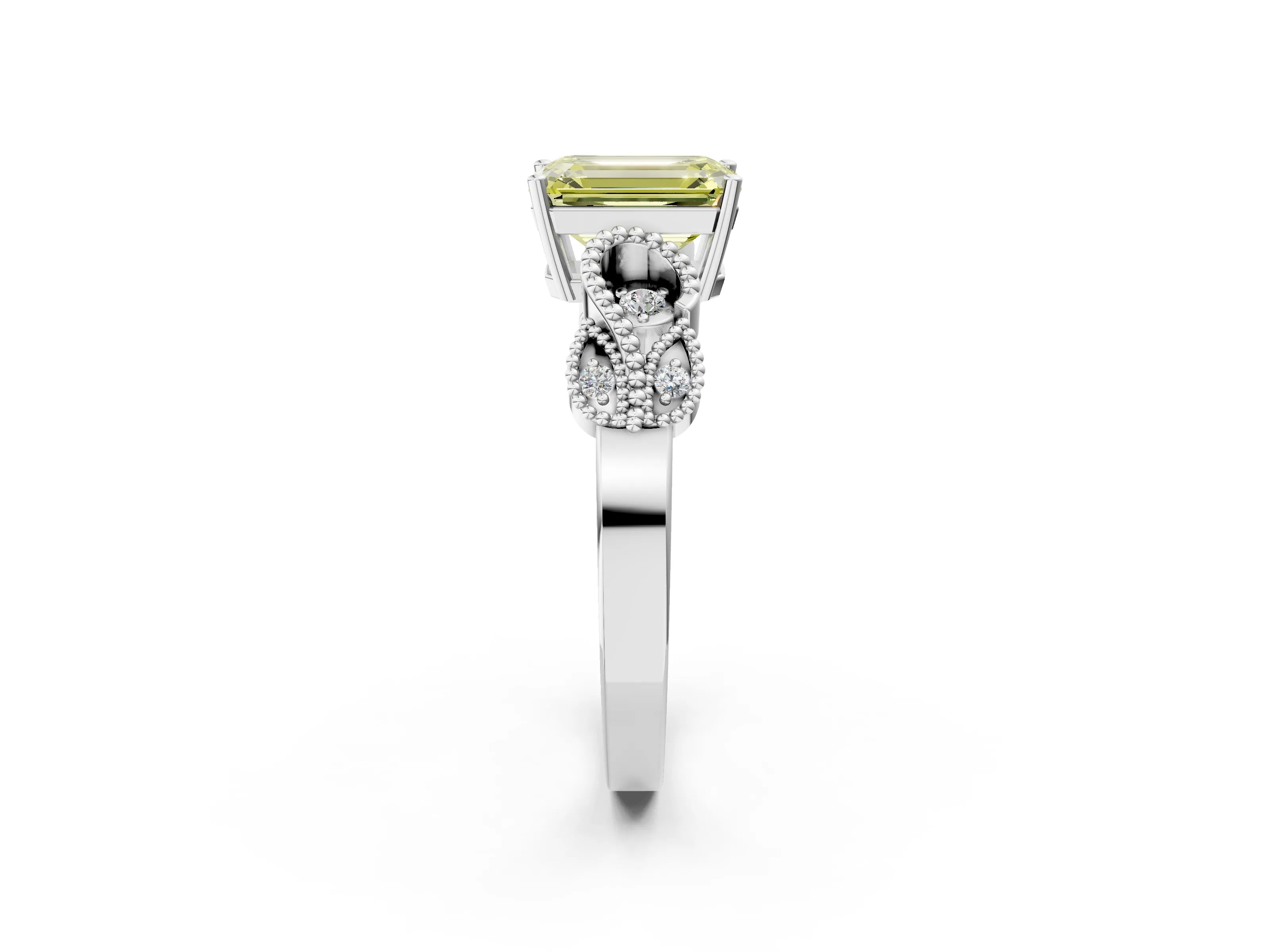 White gold Fancy Yellow Emerald Cut Solitaire Milgrain Leaf Band with Prong Setting_2