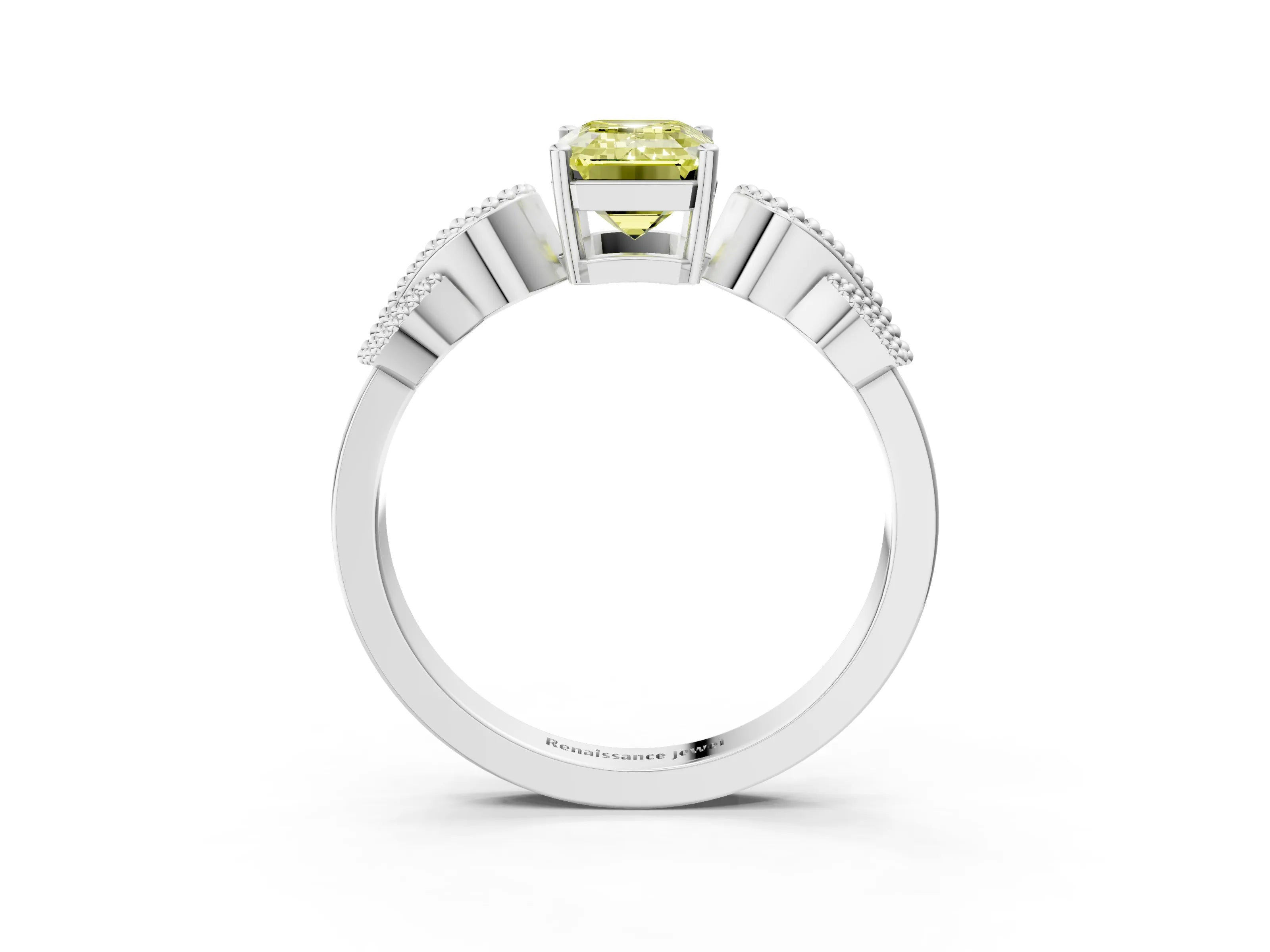 White gold Fancy Yellow Emerald Cut Solitaire Milgrain Leaf Band with Prong Setting_3