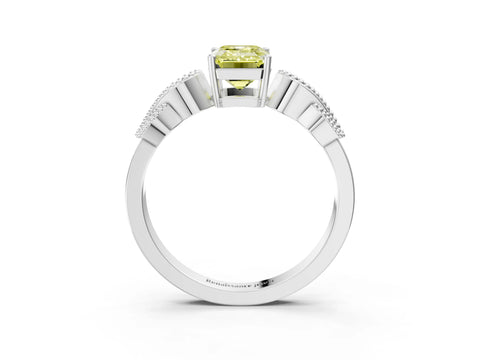 White gold Fancy Yellow Emerald Cut Solitaire Milgrain Leaf Band with Prong Setting_3