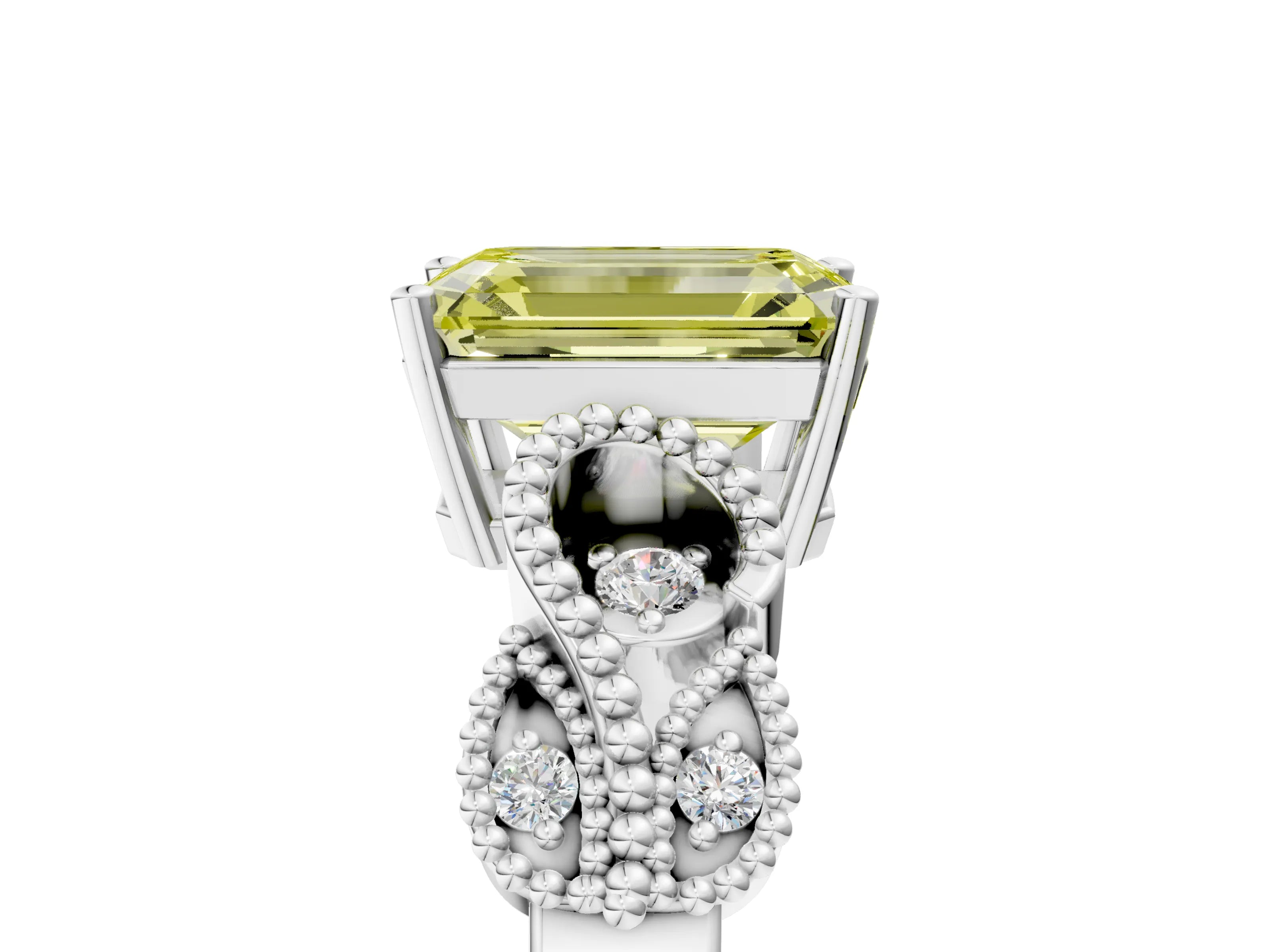 White gold Fancy Yellow Emerald Cut Solitaire Milgrain Leaf Band with Prong Setting_5