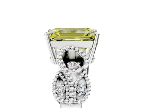 White gold Fancy Yellow Emerald Cut Solitaire Milgrain Leaf Band with Prong Setting_5