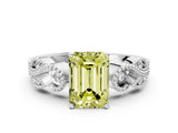 White gold Fancy Yellow Emerald Cut Solitaire Milgrain Leaf Band with Prong Setting