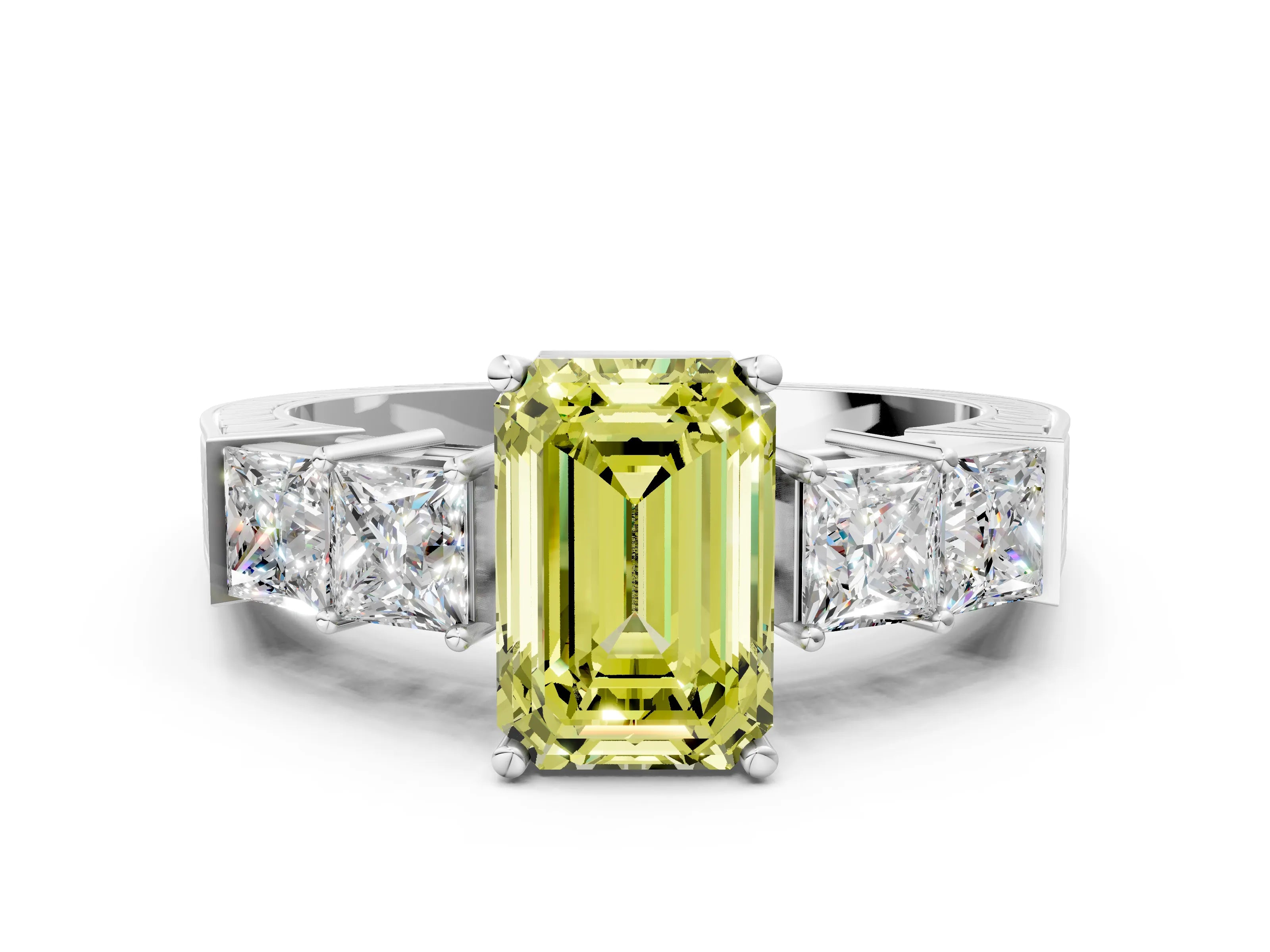 White gold Fancy Yellow Emerald Cut Solitaire Princess Side Stone Engraved Band Prong Setting Ring_12