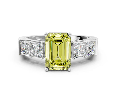 White gold Fancy Yellow Emerald Cut Solitaire Princess Side Stone Engraved Band Prong Setting Ring_12